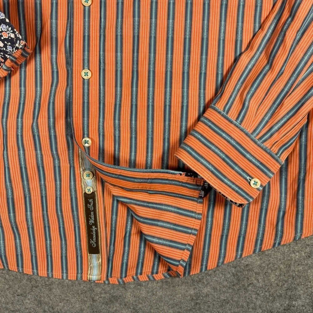 Robert Graham Mens XL Orange Blue‎ Striped Long Sleeve Button Down Floral Trim